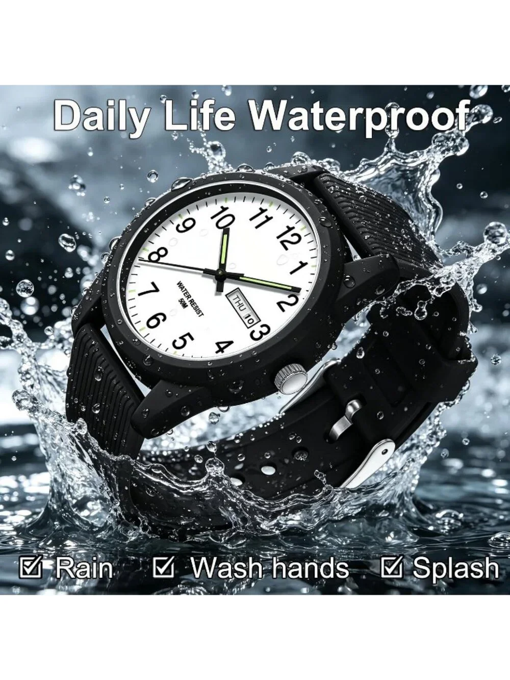 Men's Black White Simple Minimalist Sport Waterproof Analog Quartz Wrist Watch